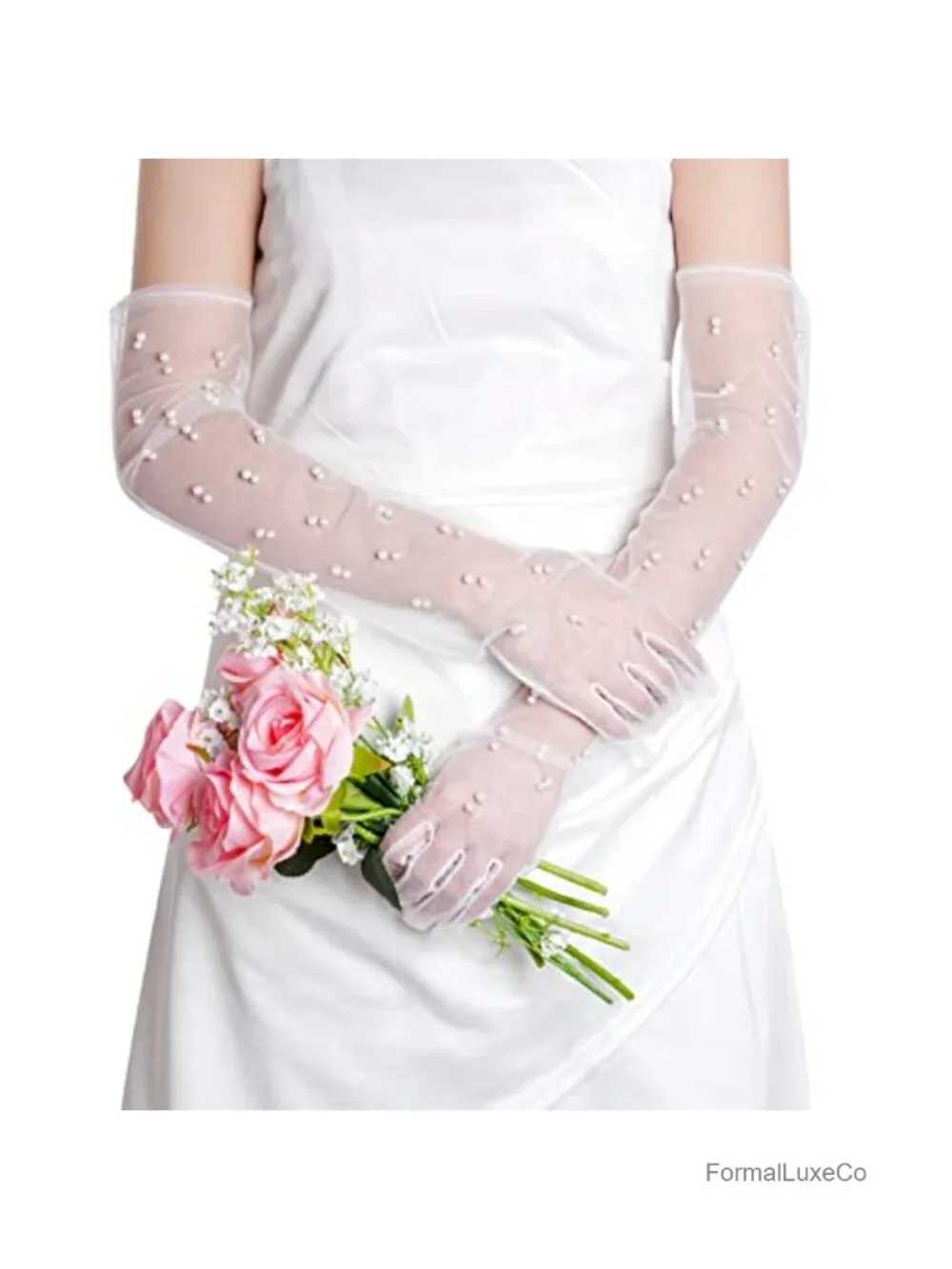 Tulle Sheer Long Pearl Gloves Elbow Length Wedding Bridal Gloves